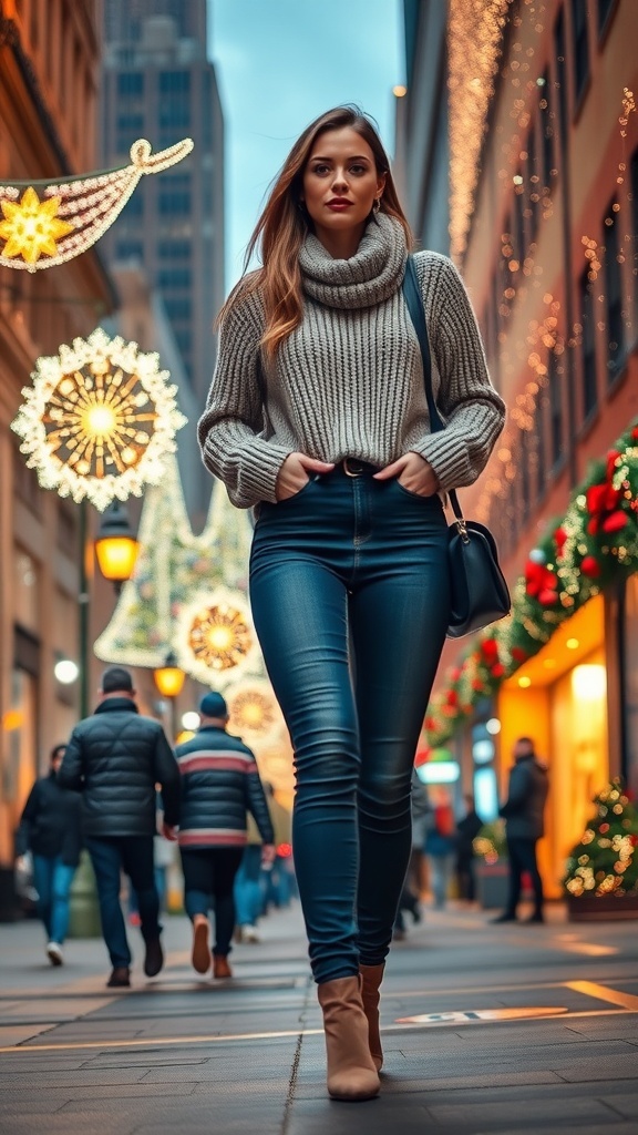 Fashionable winter outfit in New York City with Christmas lights.